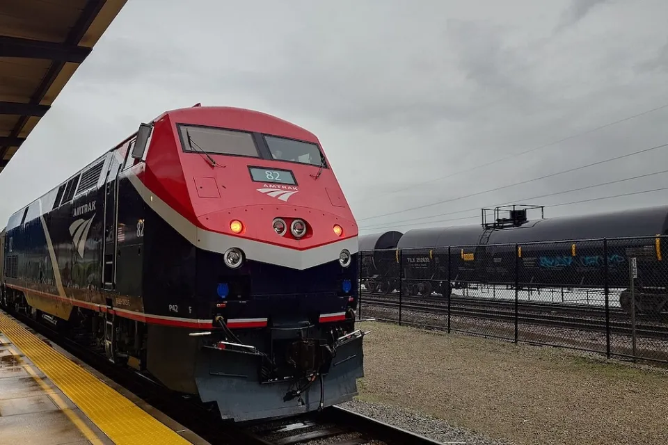 Red Amtrak Borealis train in St. Paul Union Station depot.